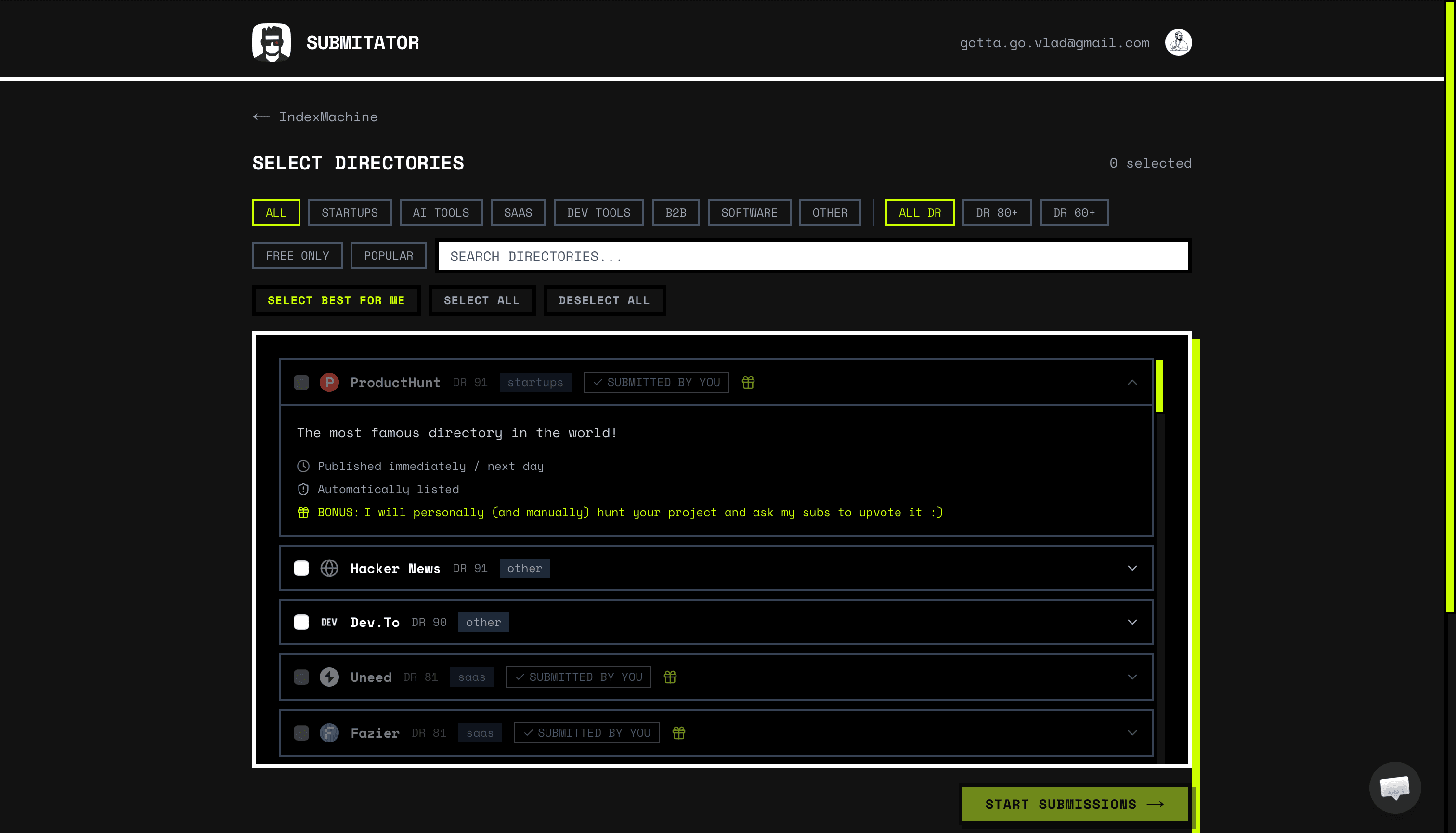 Submitator's Select Directories dashboard: pick from 100+ real directories by category and DR
