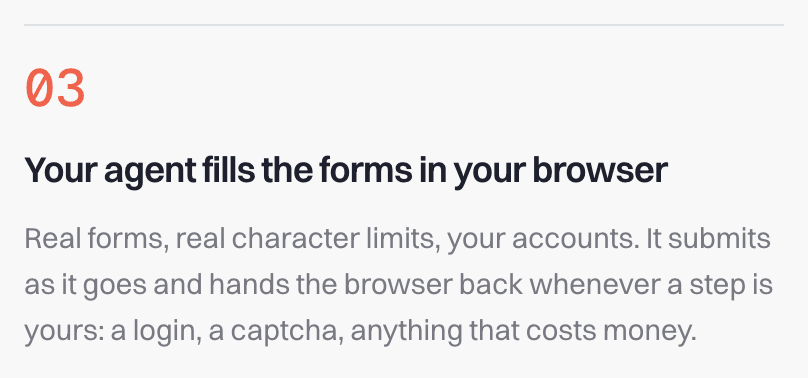 SubmitMap's loop, step 03, headed “Your agent fills the forms in your browser”: “Real forms, real character limits, your accounts. It submits as it goes and hands the browser back whenever a step is yours: a login, a captcha, anything that costs money.”