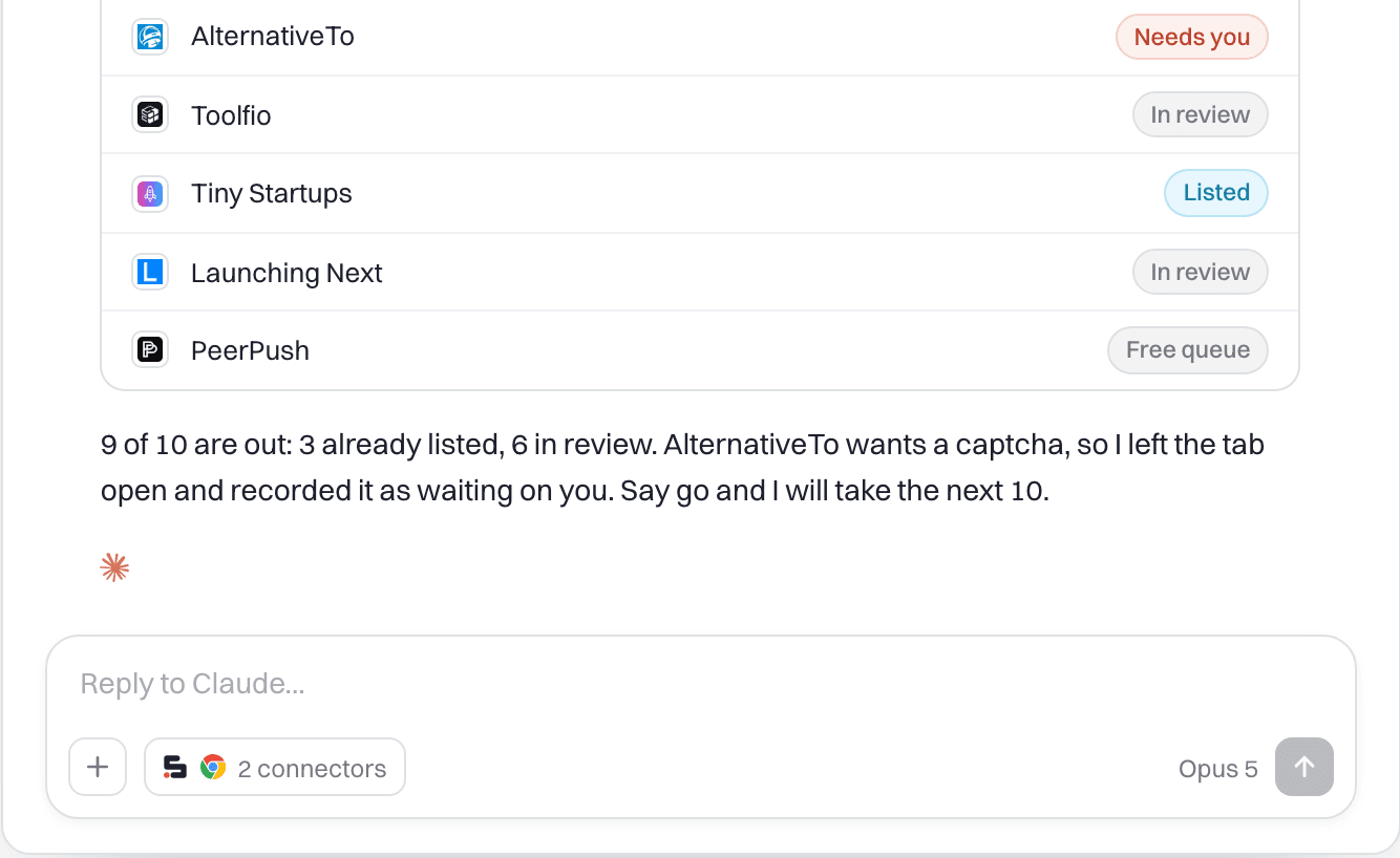 End of SubmitMap's demo replay: AlternativeTo marked Needs you, Toolfio and Launching Next in review, Tiny Startups listed, PeerPush in a free queue, then “9 of 10 are out: 3 already listed, 6 in review. AlternativeTo wants a captcha, so I left the tab open and recorded it as waiting on you. Say go and I will take the next 10.”