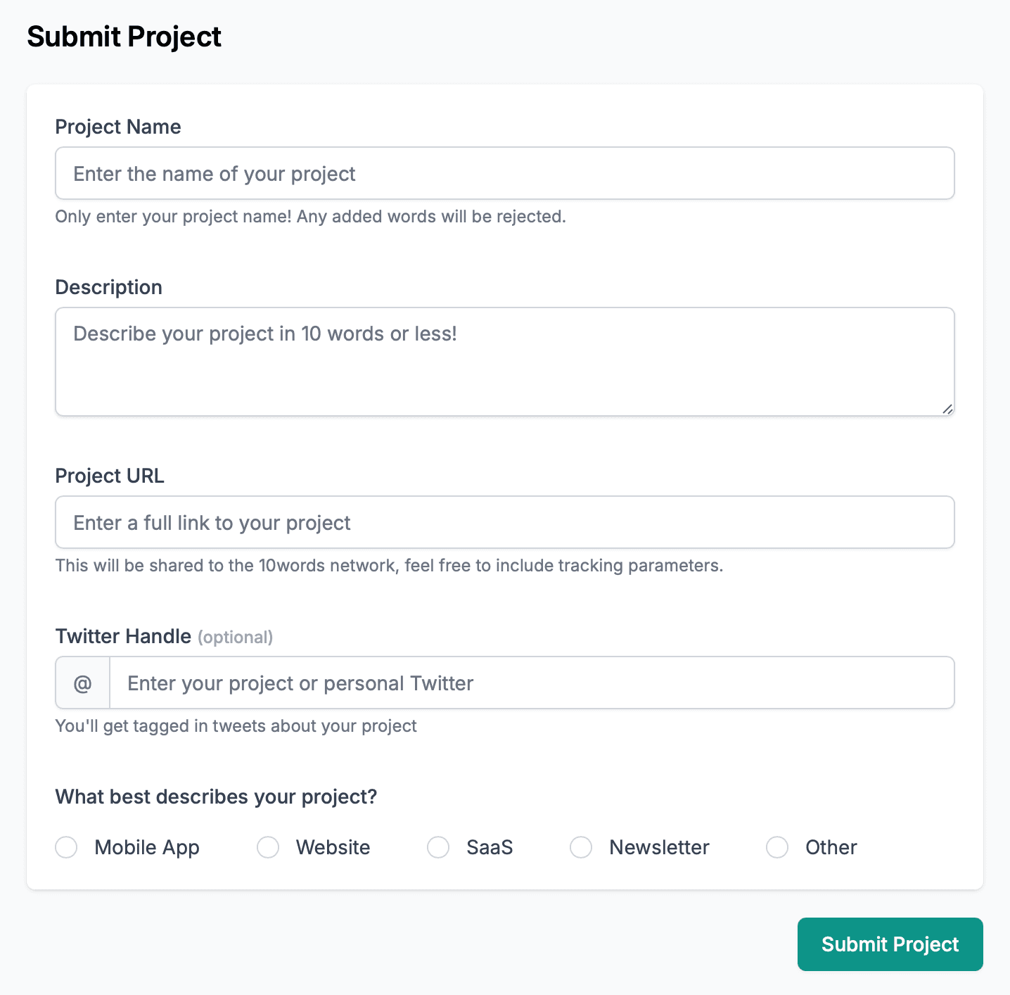 10words submit form: project name, a 10-words-or-less description, project URL, optional Twitter handle, and project type