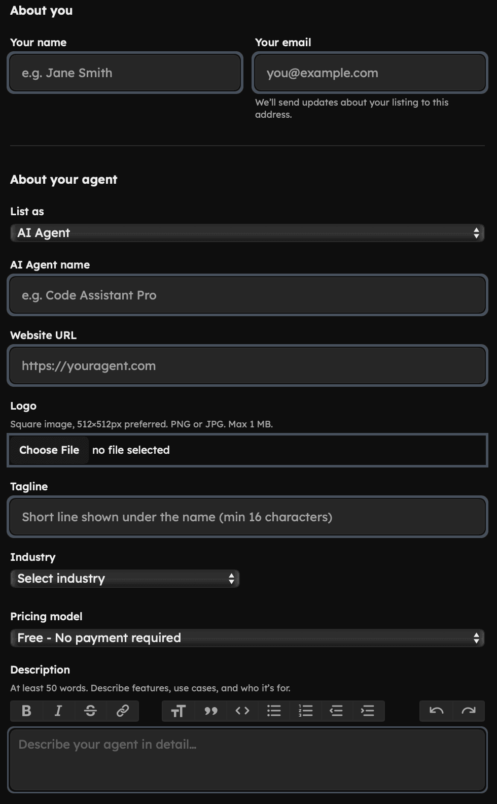 AI Agents Live submission form: your name and email, then agent details, logo, tagline, industry, pricing model, and description