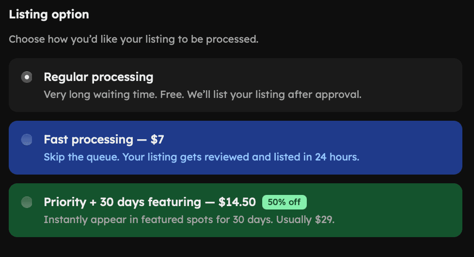 AI Agents Live listing options: Regular (free, very long wait), Fast processing $7 (24 hours), Priority + 30 days featuring $14.50