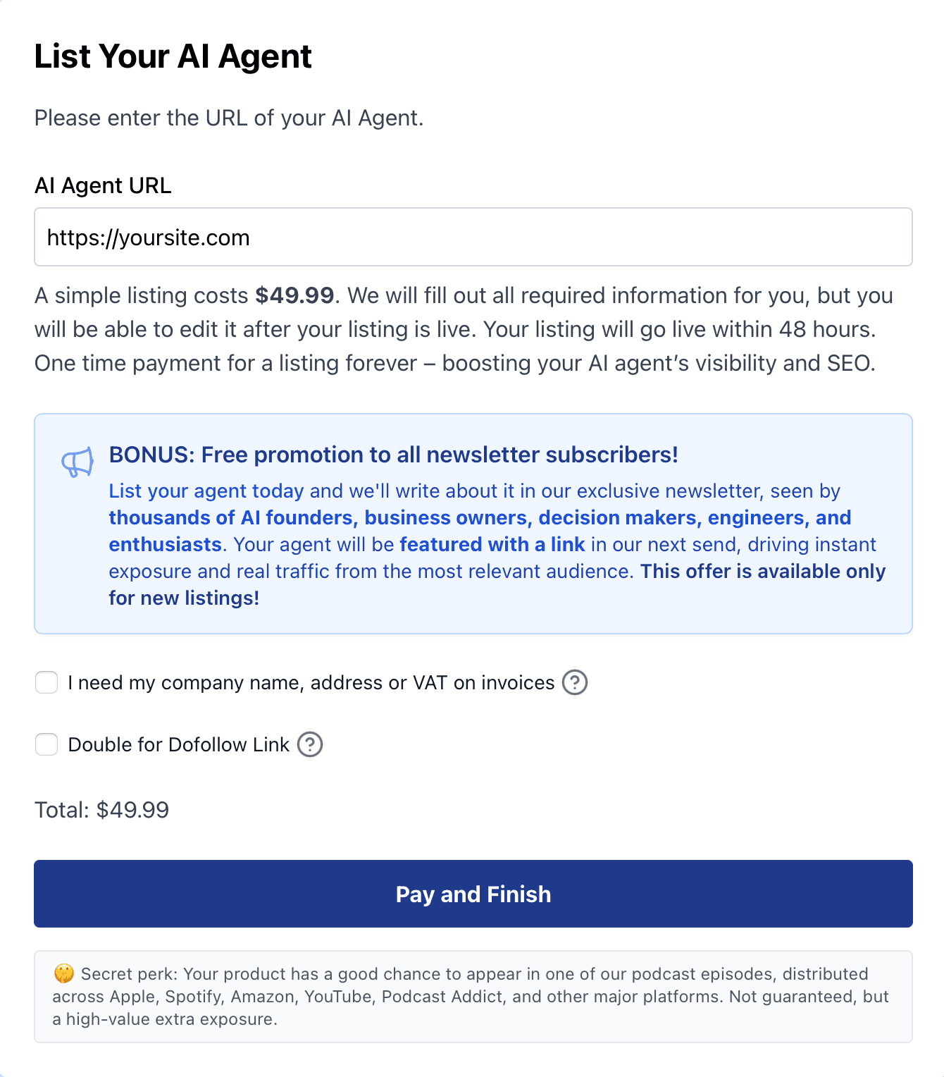 AI Agent Store's order form: AI Agent URL field, $49.99 simple listing, newsletter bonus note, VAT checkbox, and the 'Double for Dofollow Link' checkbox
