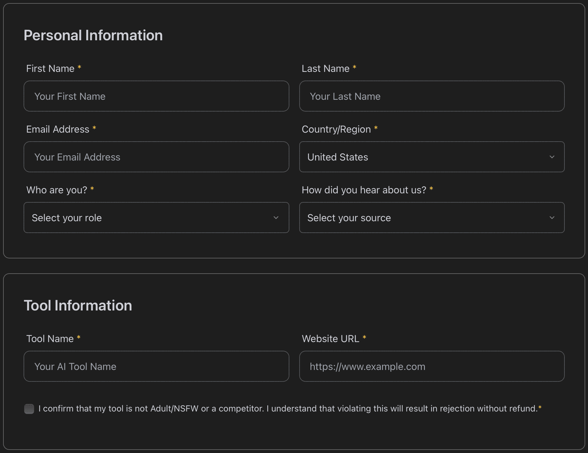 AI Chief's submission form, empty: Personal Information with First Name, Last Name, Email Address, Country/Region set to United States, Who are you? and How did you hear about us?, then Tool Information with Tool Name and Website URL, above an unticked checkbox reading I confirm that my tool is not Adult/NSFW or a competitor. I understand that violating this will result in rejection without refund.