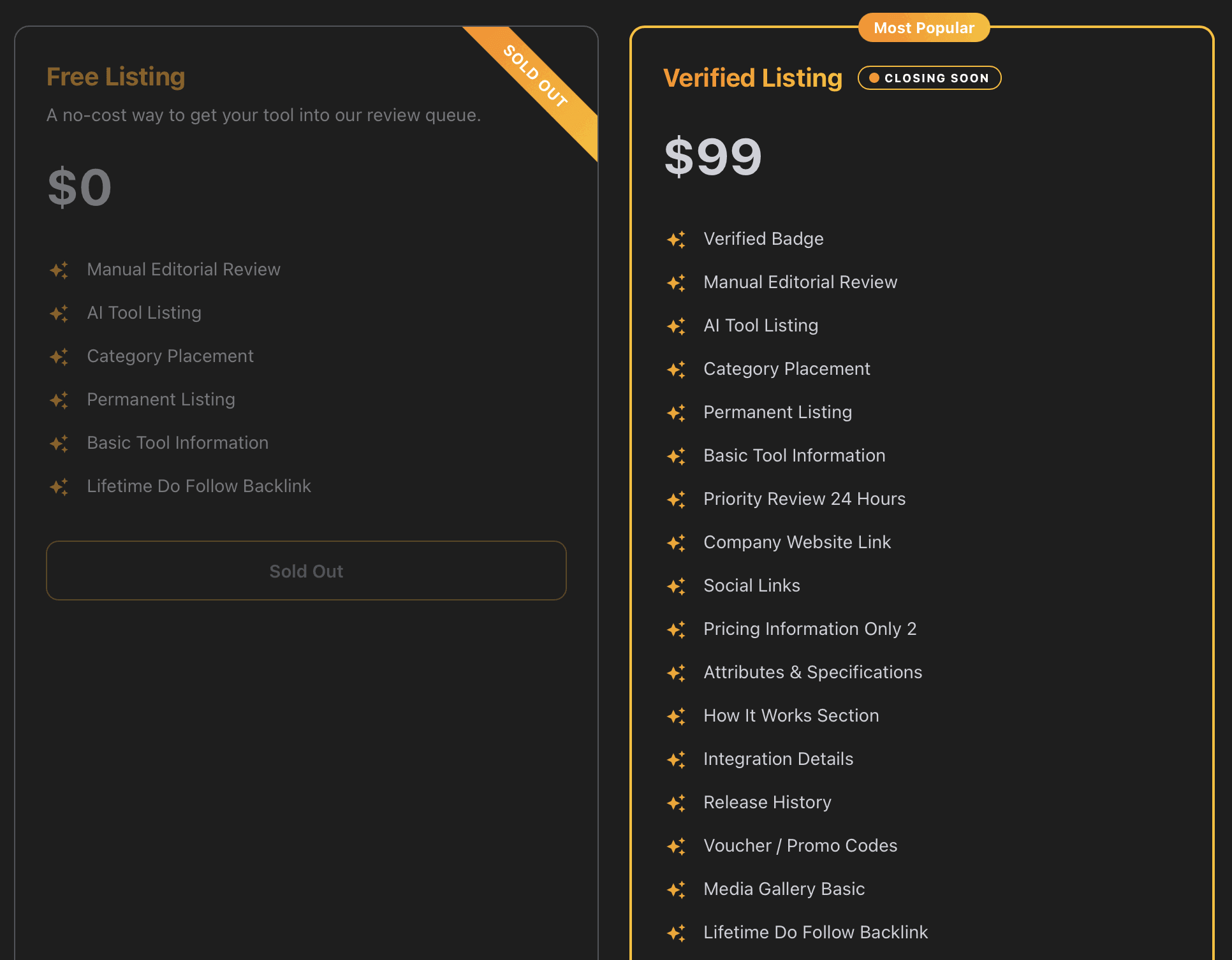 AI Chief's Free Listing and Verified Listing cards on 11 October 2026. Free Listing, $0, described as A no-cost way to get your tool into our review queue, with a SOLD OUT ribbon, six lines from Manual Editorial Review to Lifetime Do Follow Backlink and a greyed Sold Out button. Verified Listing, $99, tagged Most Popular and CLOSING SOON, with seventeen lines from Verified Badge to Lifetime Do Follow Backlink