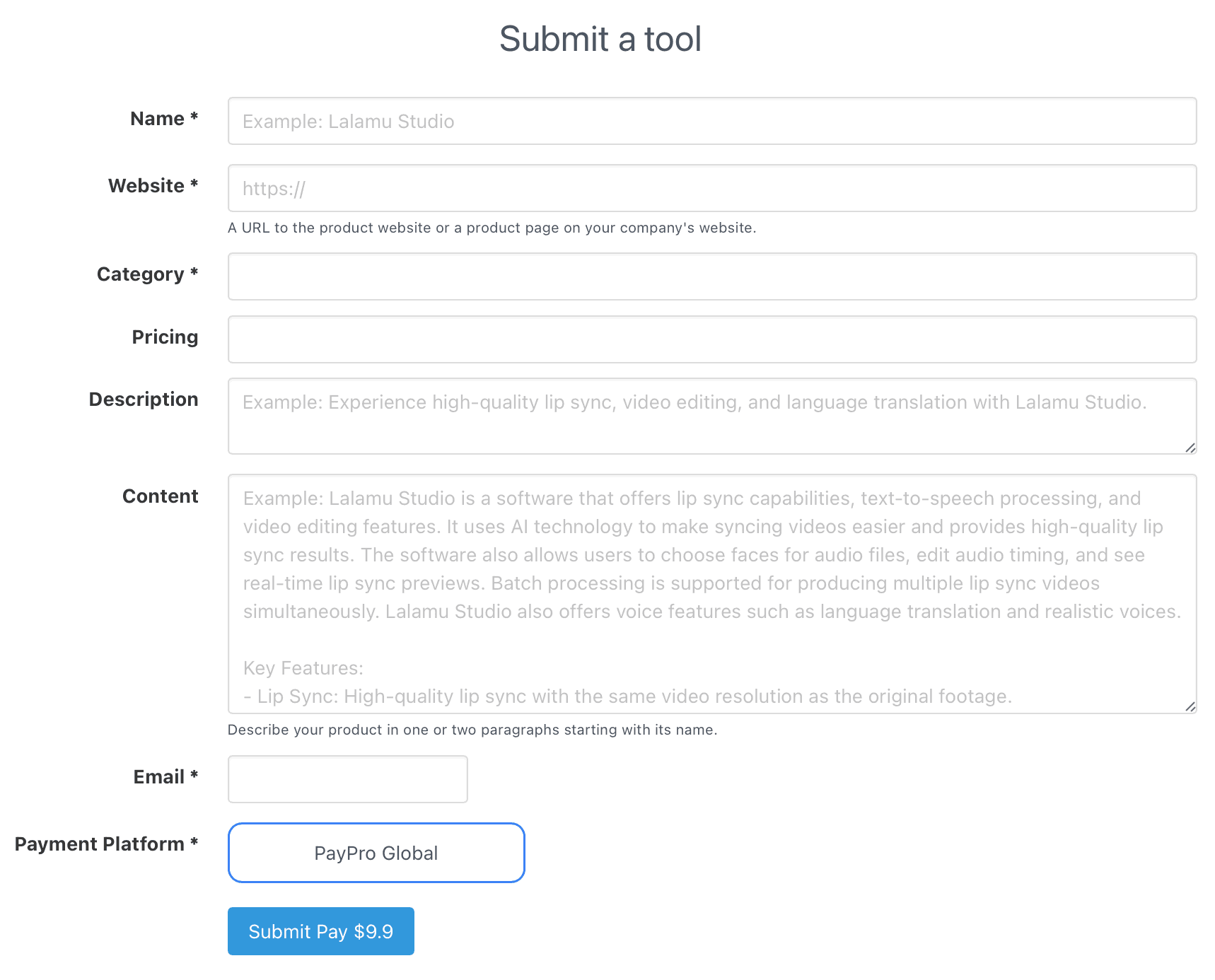 The Aitoolnet submission form: Name, Website, Category, Pricing, Description, Content and Email fields, a Payment Platform option reading PayPro Global, and a blue button reading Submit Pay $9.9