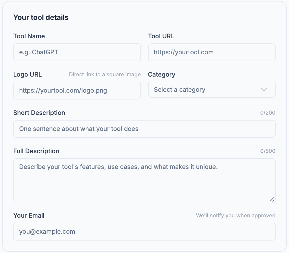 AI Toolz Dir “Your tool details” form: Tool Name (placeholder e.g. ChatGPT), Tool URL (https://yourtool.com), Logo URL with the hint “Direct link to a square image” (https://yourtool.com/logo.png), Category (Select a category), Short Description with a 0/200 counter (“One sentence about what your tool does”), Full Description with a 0/500 counter (“Describe your tool's features, use cases, and what makes it unique.”) and Your Email with the hint “We'll notify you when approved” (you@example.com)