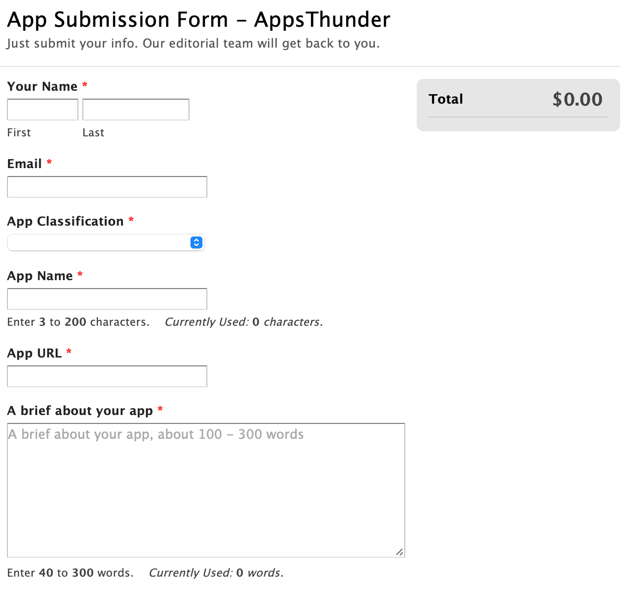 AppsThunder's embedded Wufoo submission form with name, email, App Classification dropdown, App Name, App URL and 40-300-word brief fields
