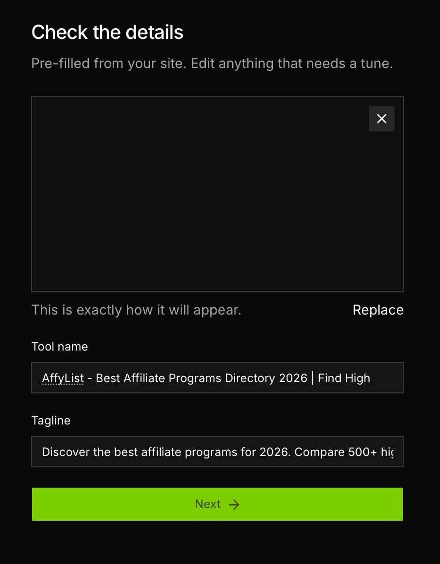 DailyPings submission form: an image pre-filled from your site, a Tool name field, and a Tagline field, with a Next button
