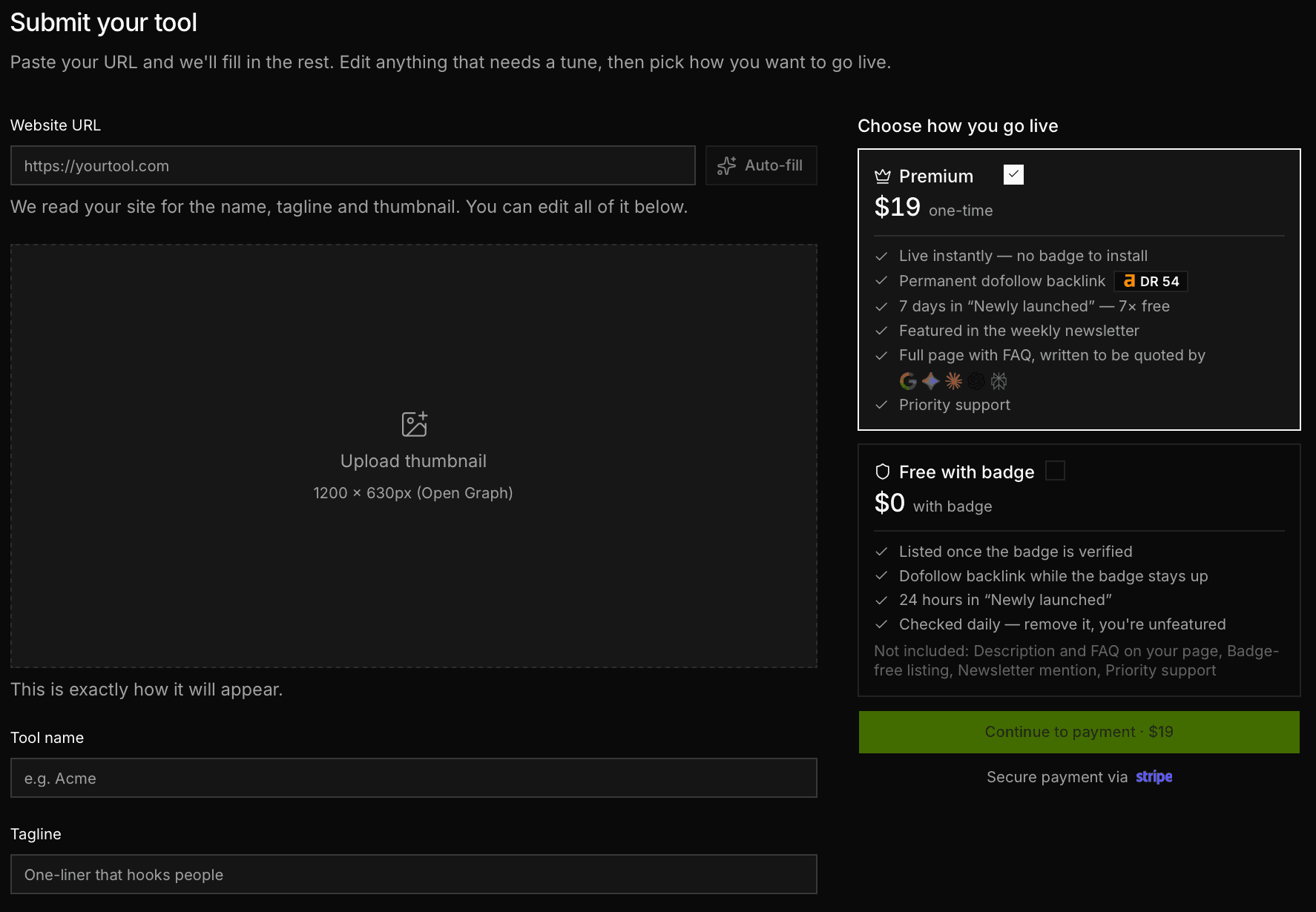 The DailyPings submission form: a website URL field with an auto-fill button, a 1200 by 630 thumbnail slot, tool name and tagline fields, and on the right a choice between Premium at $19 one-time and a free listing that requires a badge, checked daily