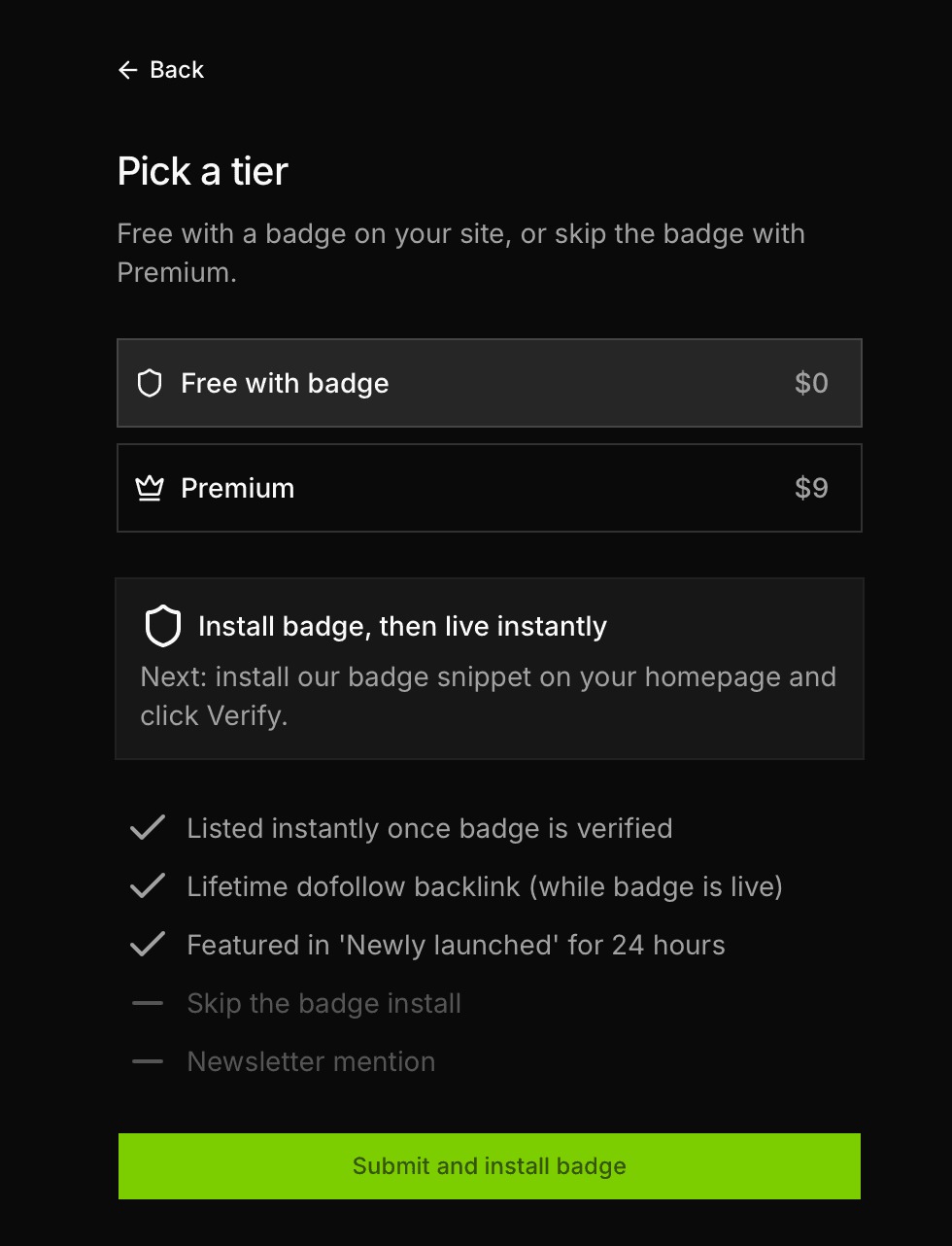 DailyPings tiers: Free with badge ($0) or Premium ($9) to skip the badge; free includes a lifetime dofollow backlink while the badge is live and a 24-hour 'Newly launched' feature