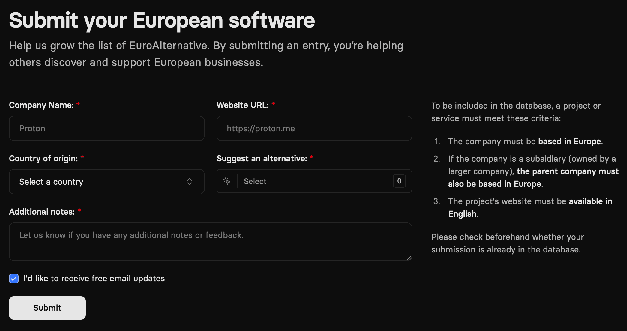 EuroAlternative submission form: company name, website URL, country of origin, the tool you're an alternative to, and notes, with a Europe-only eligibility list