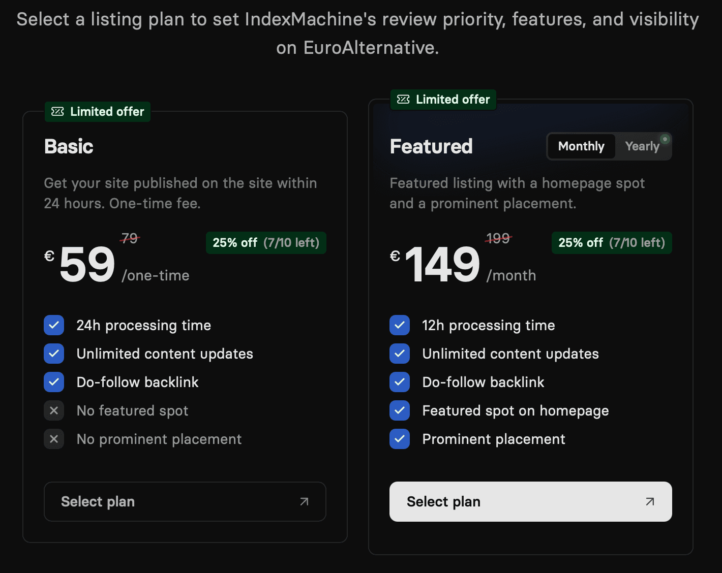 EuroAlternative pricing: Basic €59 one-time (do-follow backlink, 24h), Featured €149 per month (homepage spot), both marked 25% off and 7/10 left