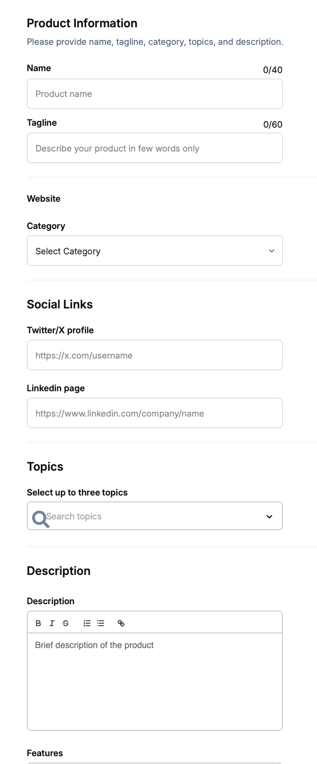 Fazier submission form: product name (40 chars), tagline (60), website, category, Twitter/X and LinkedIn links, up to three topics, a description, and features