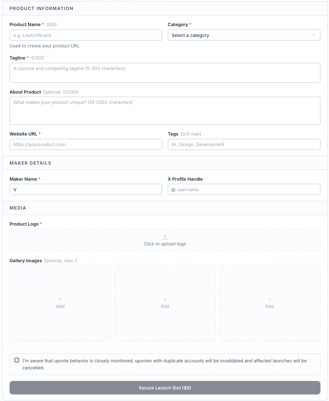 Launchboard submission form: product name, category, tagline, about, website URL, tags, maker name and X handle, a required logo, and optional gallery images