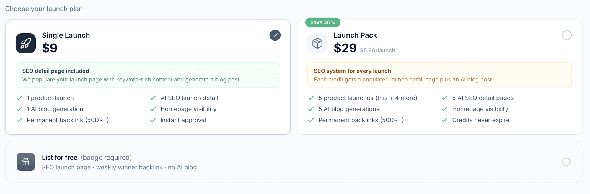 Launchboard plans: Single Launch $9, Launch Pack $29 ($5.80/launch), and List for free which requires a badge