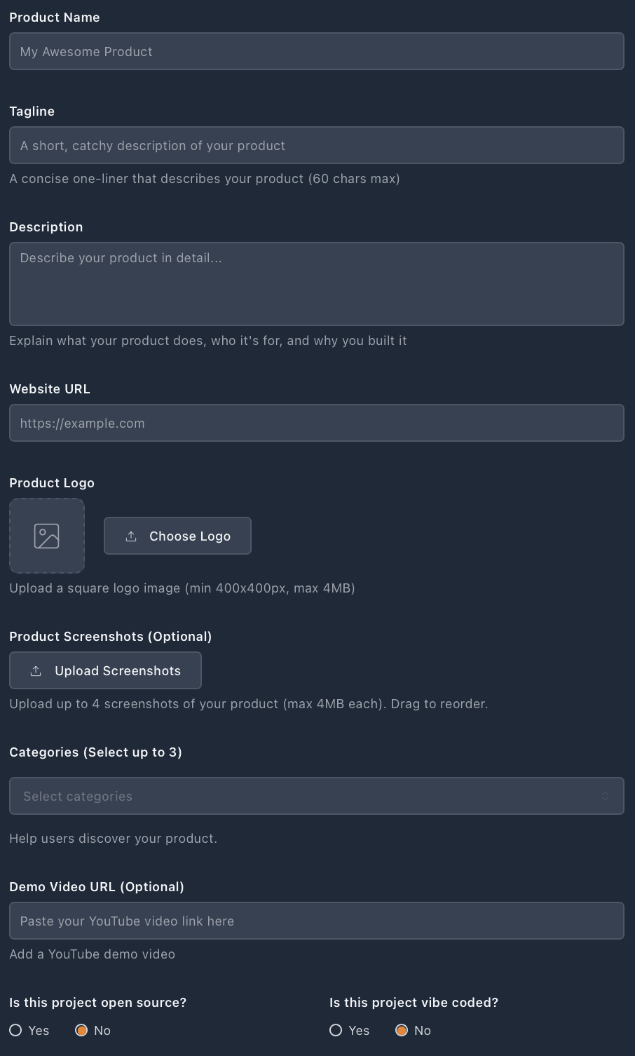 LaunchIgniter submission form: product name, tagline capped at 60 characters, description, website URL, square logo, up to four screenshots, up to three categories, an optional YouTube demo and two radios for open source and vibe coded