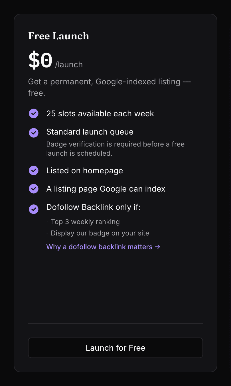 Launch Vault Free Launch card: $0 /launch, “Get a permanent, Google-indexed listing — free.”, 25 slots available each week, Standard launch queue with the note “Badge verification is required before a free launch is scheduled.”, Listed on homepage, A listing page Google can index, “Dofollow Backlink only if:” over Top 3 weekly ranking and Display our badge on your site, a Why a dofollow backlink matters link and a Launch for Free button