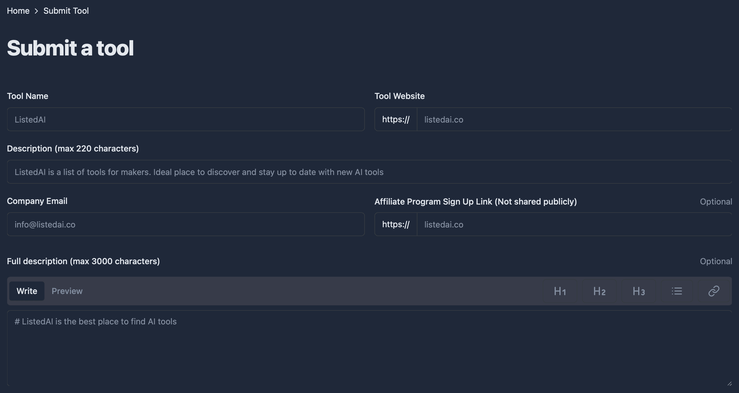 The ListedAI Submit a tool form, with ListedAI's own placeholders in its fields: Tool Name, Tool Website with a fixed https:// box in front, Description (max 220 characters) and Company Email, then the optional Affiliate Program Sign Up Link (Not shared publicly) and the optional Full description (max 3000 characters) with Write and Preview tabs and buttons for H1, H2, H3, a list and a link