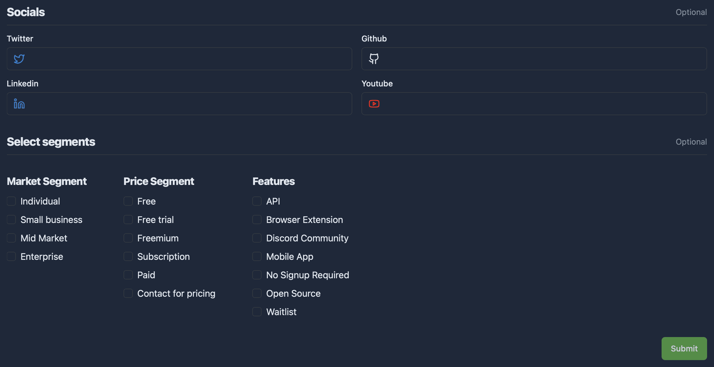 The lower half of the ListedAI form: optional Socials with Twitter, Github, Linkedin and Youtube fields, then optional Select segments with Market Segment (Individual, Small business, Mid Market, Enterprise), Price Segment (Free, Free trial, Freemium, Subscription, Paid, Contact for pricing) and Features (API, Browser Extension, Discord Community, Mobile App, No Signup Required, Open Source, Waitlist), with a green Submit button at the bottom right