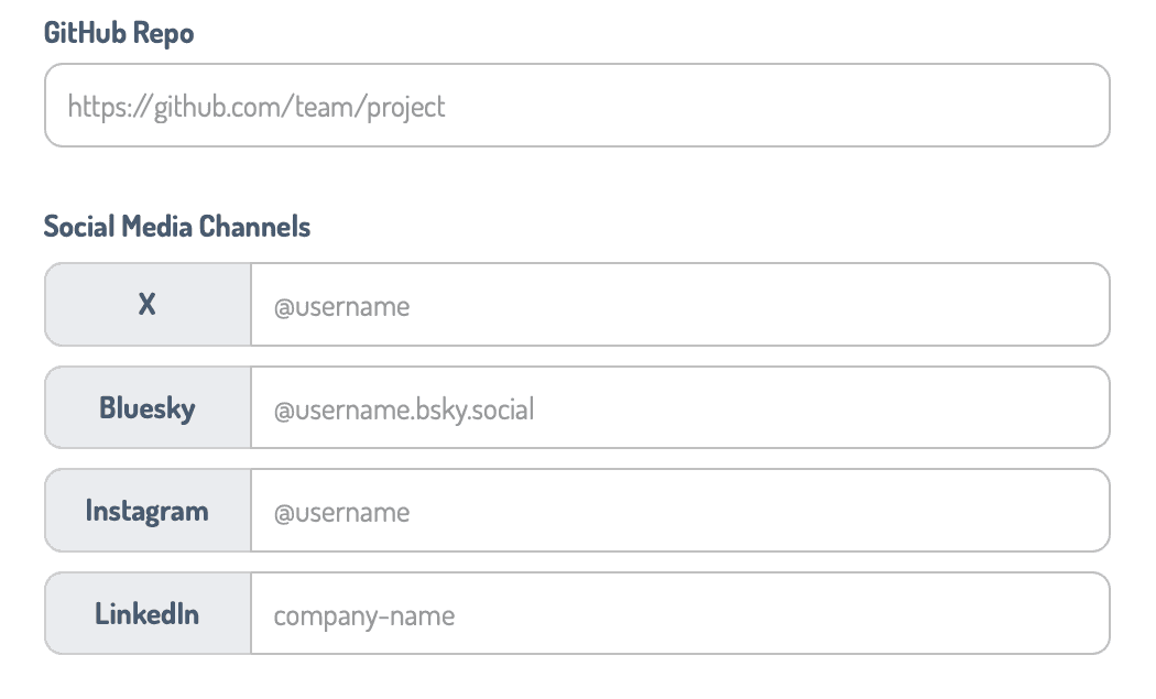 The rest of the Project Details card: an optional GitHub Repo field with the placeholder https://github.com/team/project, then Social Media Channels with fields for X (@username), Bluesky (@username.bsky.social), Instagram (@username) and LinkedIn (company-name)