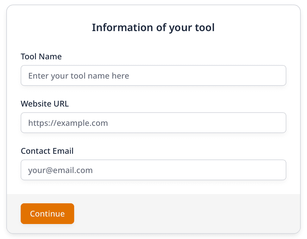 MagicBox Tools submit form with three fields: Tool Name, Website URL and Contact Email, with a Continue button