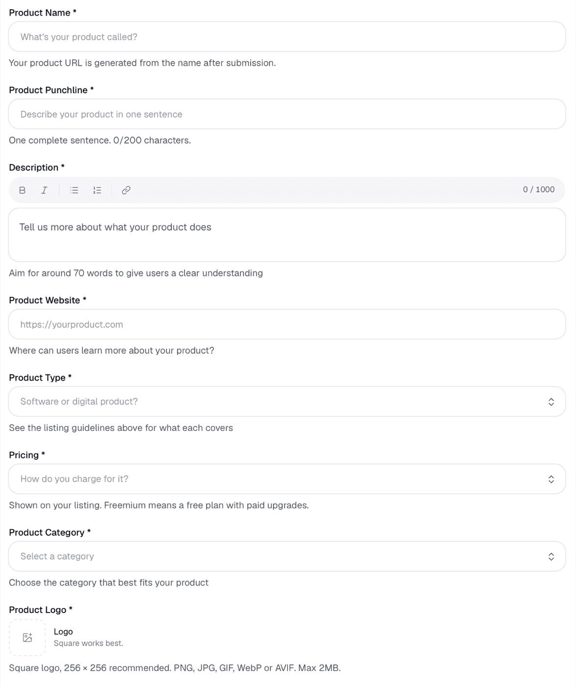 Neeed Directory submit form fields: Product Name (What's your product called?) with the note “Your product URL is generated from the name after submission.”; Product Punchline (Describe your product in one sentence) with “One complete sentence. 0/200 characters.”; Description with a toolbar of bold, italic, bulleted list, numbered list and link buttons, a 0 / 1000 counter, the placeholder “Tell us more about what your product does” and the hint “Aim for around 70 words to give users a clear understanding”; Product Website (https://yourproduct.com, “Where can users learn more about your product?”); Product Type (Software or digital product?); Pricing (How do you charge for it?, “Shown on your listing. Freemium means a free plan with paid upgrades.”); Product Category (Select a category); and Product Logo, “Square logo, 256 × 256 recommended. PNG, JPG, GIF, WebP or AVIF. Max 2MB.”, every field marked required