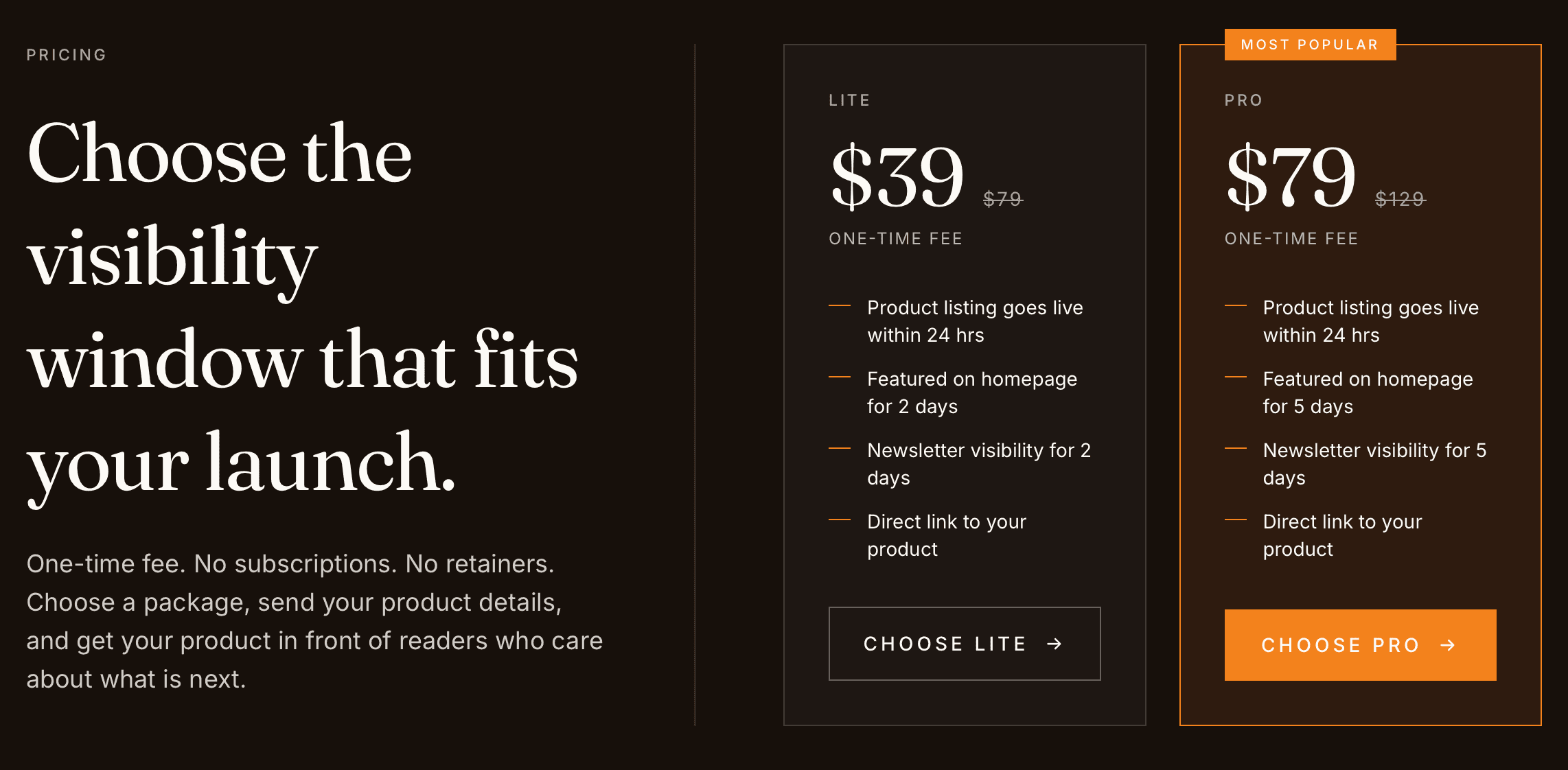 NextBigWhat pricing: Lite $39 (from $79) with a 2-day homepage feature and newsletter, Pro $79 (from $129) with 5 days, both one-time