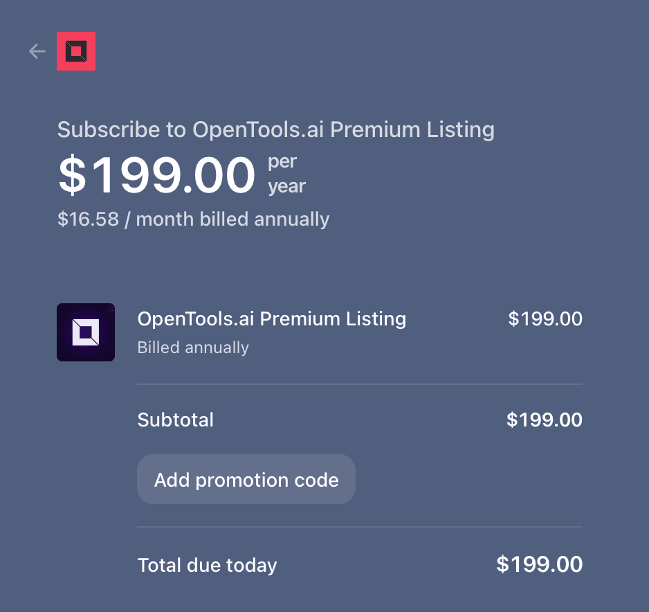 OpenTools.ai Premium Listing checkout: $199.00 per year, shown as $16.58 per month billed annually, billed annually, total due today $199.00