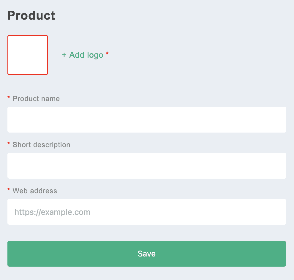 Owwly Product form: an empty square logo box outlined in red beside “+ Add logo *”; the fields “* Product name”, “* Short description” and “* Web address”, the last with the placeholder https://example.com; then a green Save button