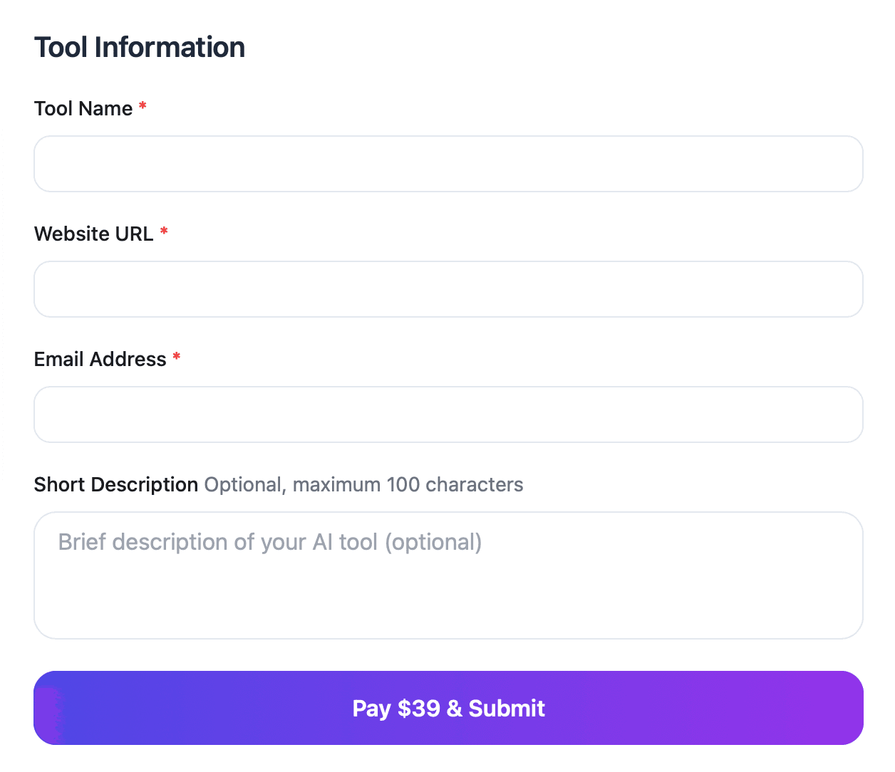 The Perchance AI submission form: Tool Name, Website URL and Email Address marked required with red asterisks, an optional Short Description capped at 100 characters and a purple submit button reading Pay $39 and Submit