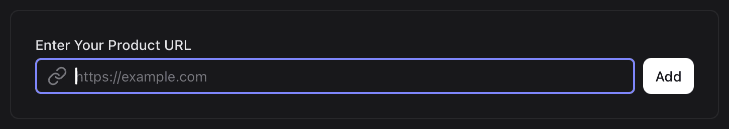 The first step of the PitchWall wizard: a card labelled Enter Your Product URL with a link icon, the placeholder https://example.com and an Add button