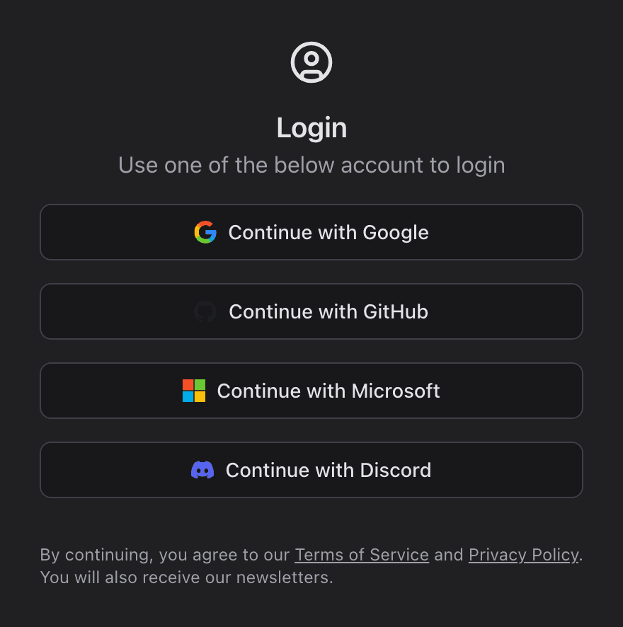 PitchWall's Login card: the line Use one of the below account to login over four buttons, Continue with Google, Continue with GitHub, Continue with Microsoft and Continue with Discord, with a line about their policies and newsletters underneath