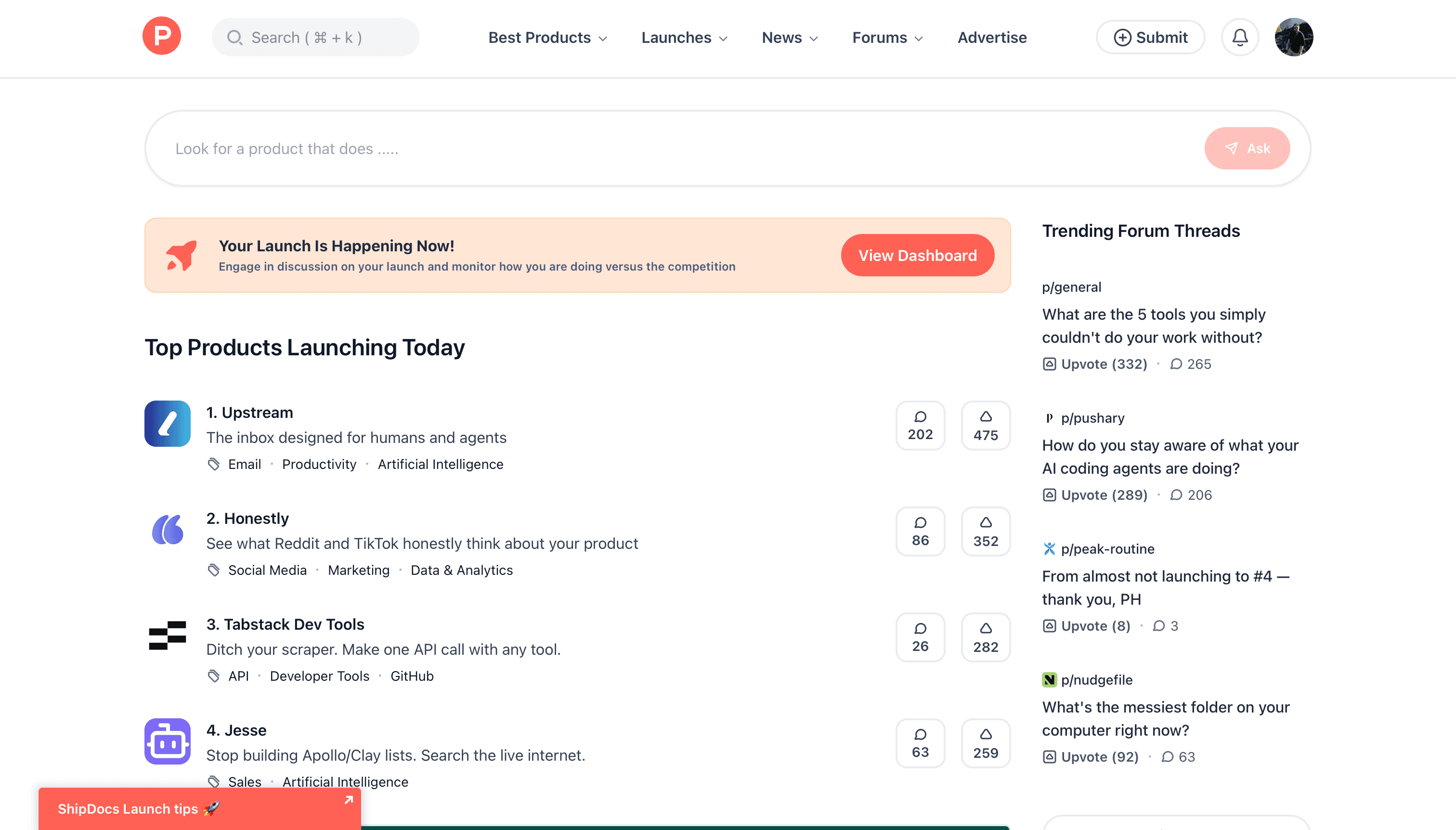 Product Hunt home page showing Top Products Launching Today, with upvote and comment counts, the products you compete against on launch day