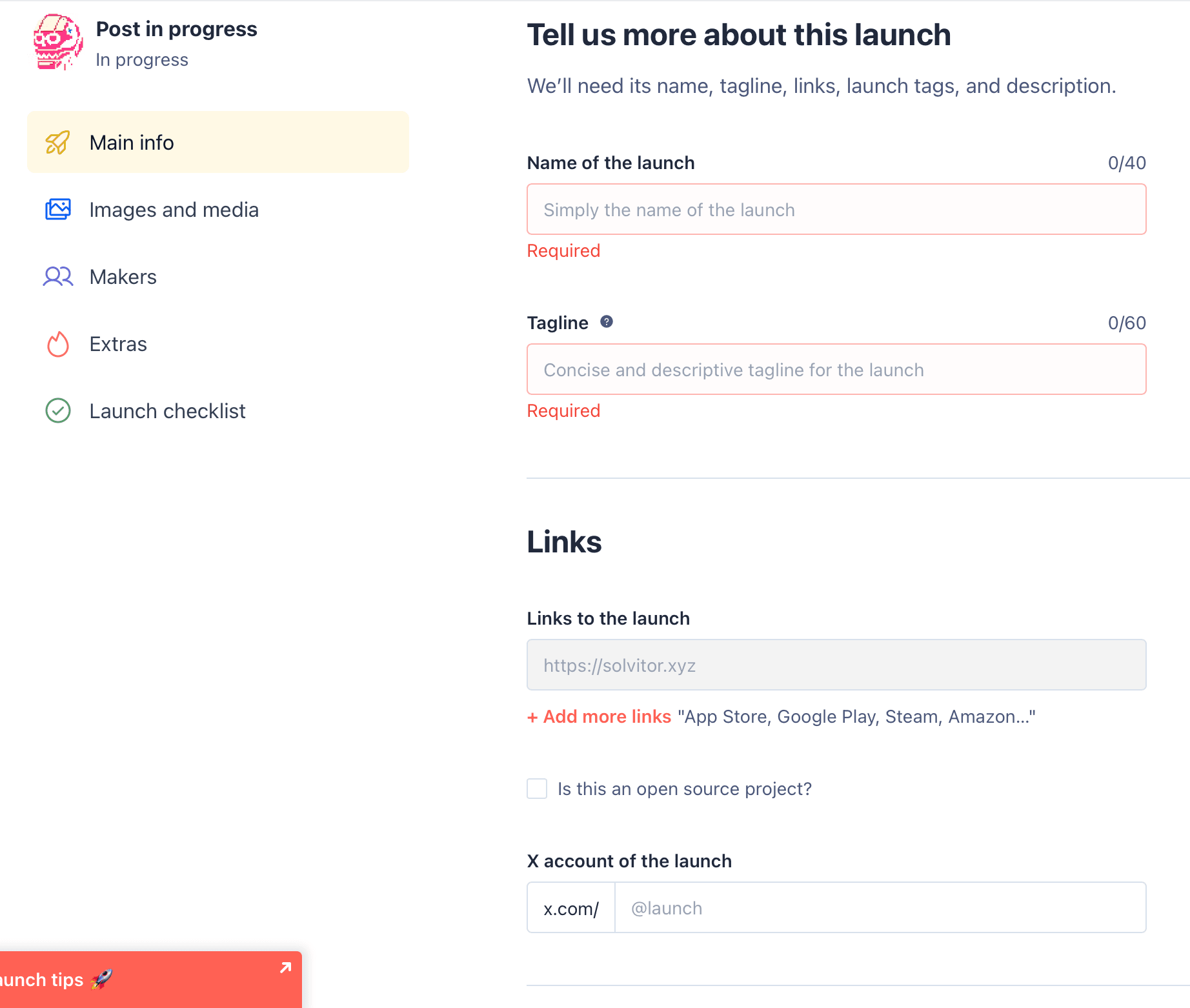 Product Hunt launch form: name of the launch (40 chars), tagline (60), links, open-source toggle, and X account, with Main info, Images and media, Makers, Extras and Launch checklist tabs