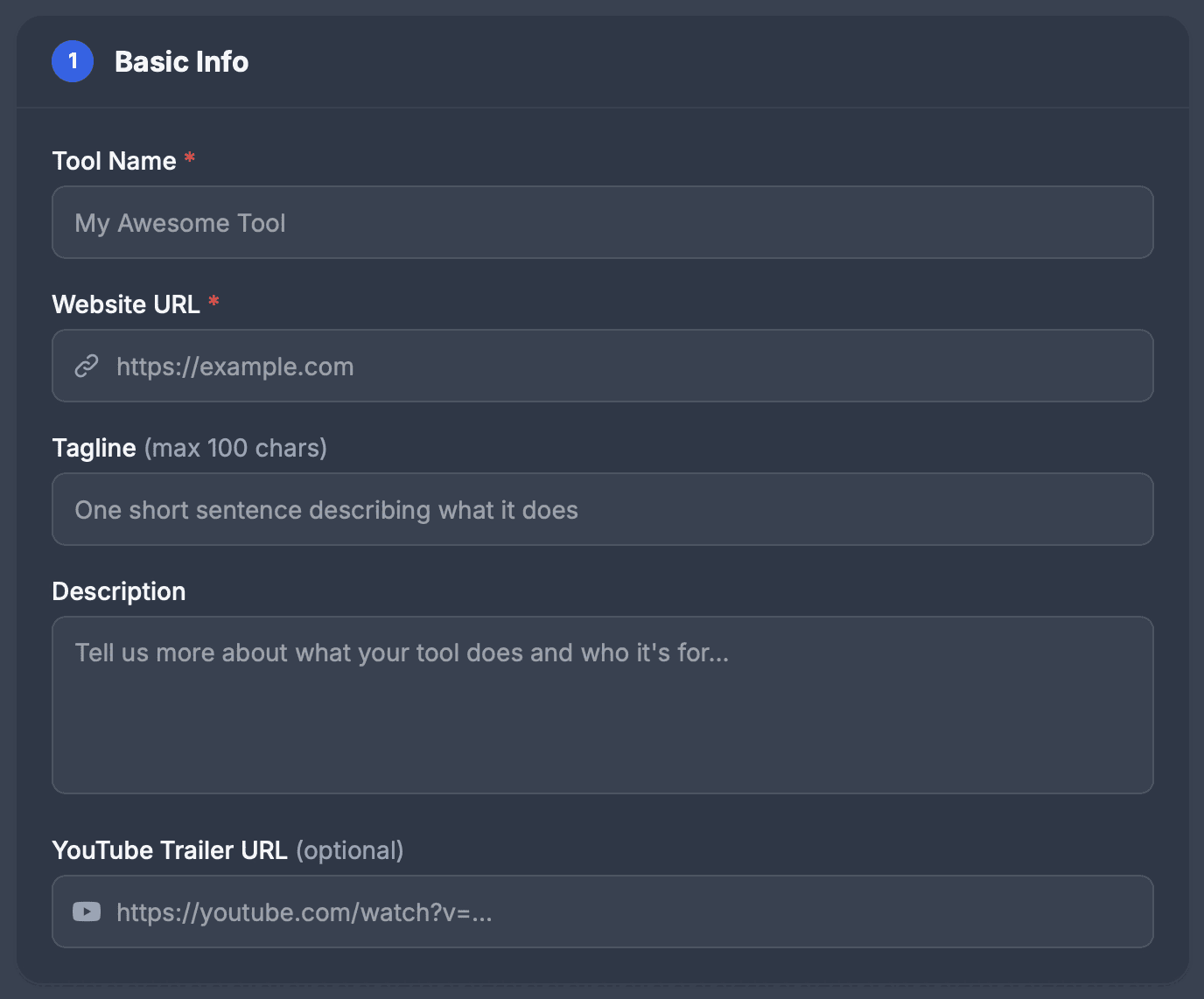Section 1 of the Productivity Directory form, Basic Info: Tool Name, marked required, with the placeholder My Awesome Tool; Website URL, marked required, with https://example.com; Tagline (max 100 chars) with One short sentence describing what it does; a Description box and YouTube Trailer URL (optional)