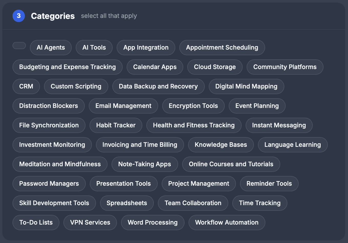 Section 3, Categories, select all that apply: 39 pill buttons from AI Agents, AI Tools and App Integration to To-Do Lists, VPN Services, Word Processing and Workflow Automation