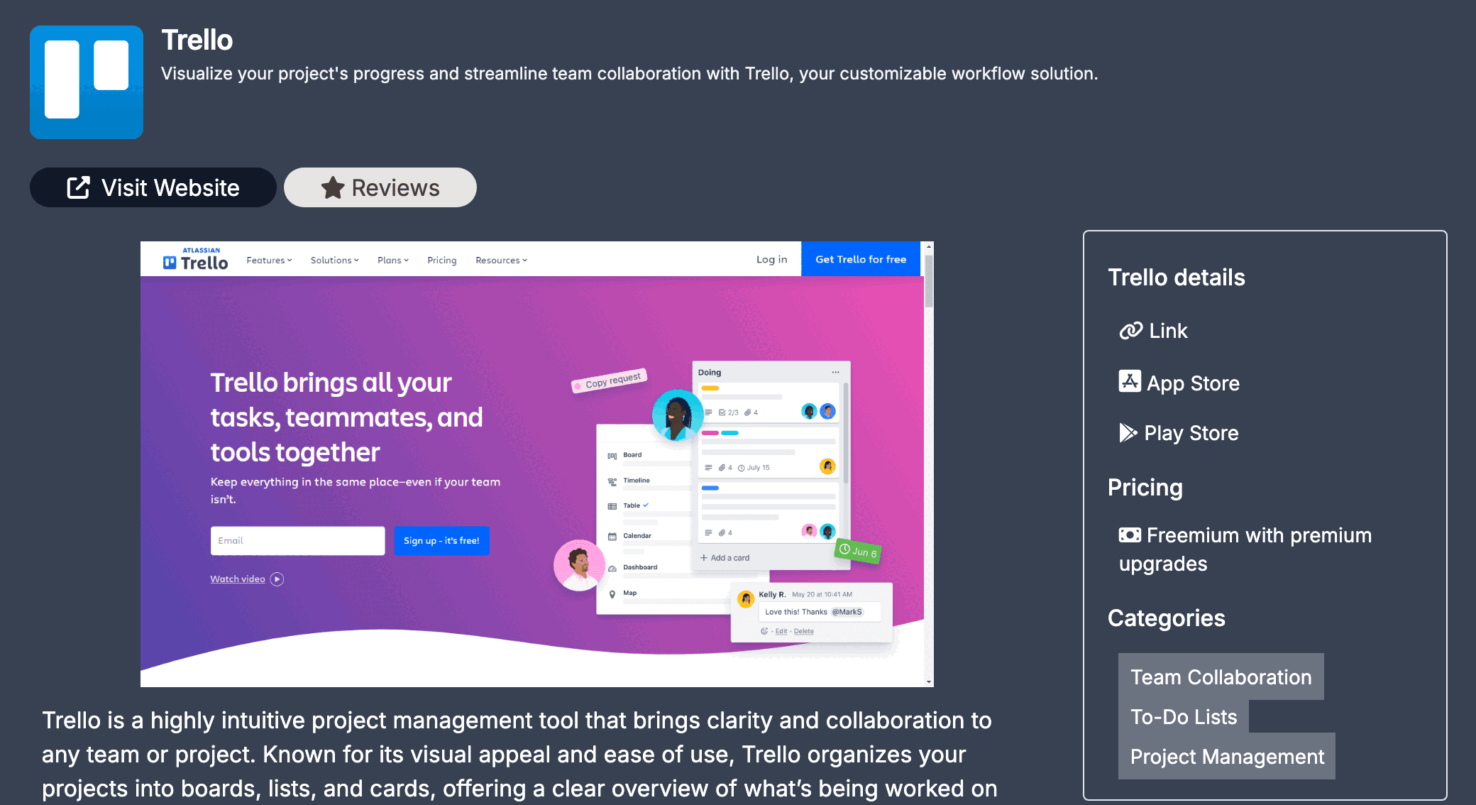 A Productivity Directory listing page for Trello: the logo, the name and the tagline, a dark Visit Website button beside Reviews, a large screenshot of Trello’s own home page and, on the right, a box headed Trello details with Link, App Store and Play Store, the Pricing label Freemium with premium upgrades and the categories Team Collaboration, To-Do Lists and Project Management