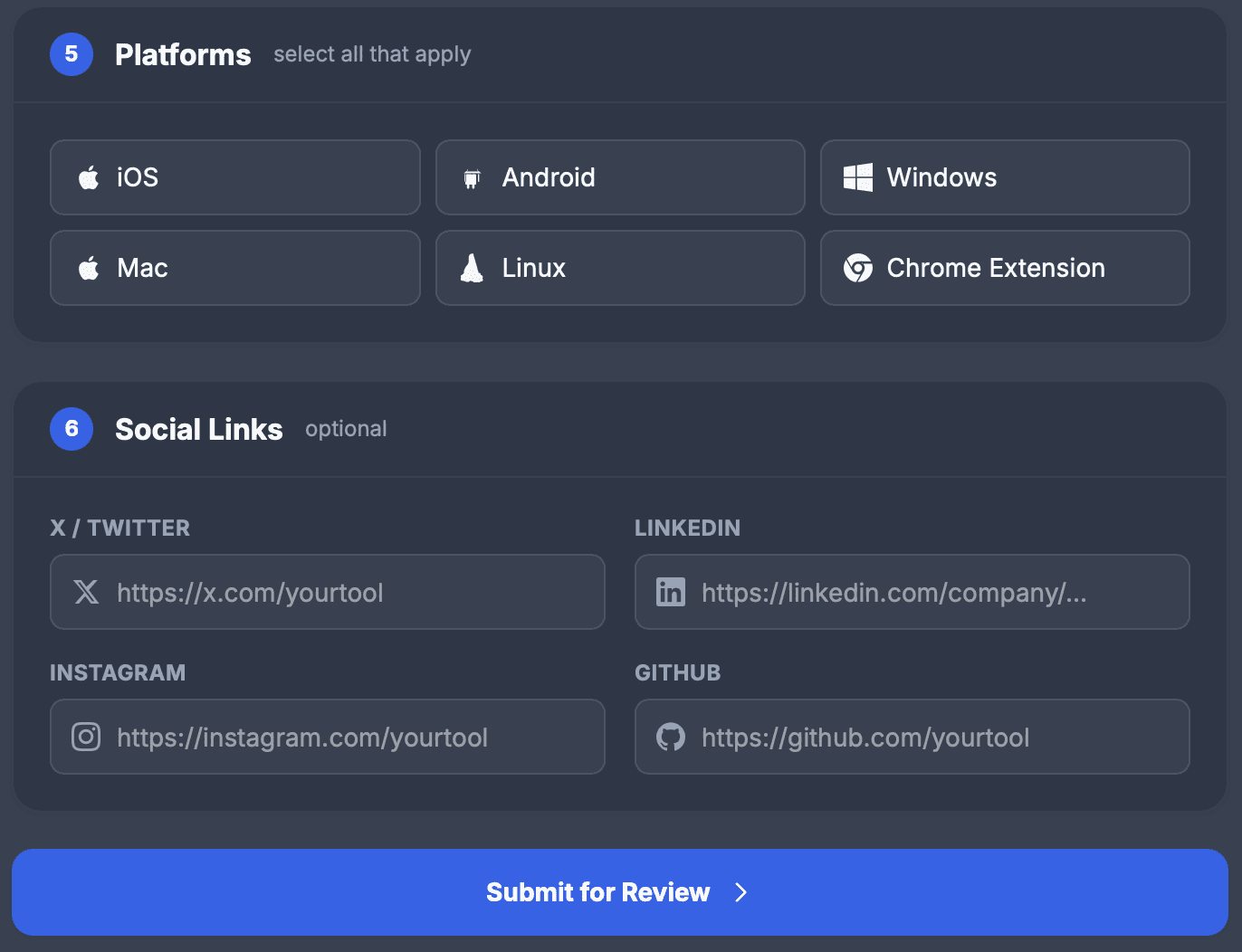 Sections 5 and 6 of the form: Platforms, select all that apply, with buttons for iOS, Android, Windows, Mac, Linux and Chrome Extension, then Social Links, optional, with fields for X / Twitter, LinkedIn, Instagram and GitHub, then a wide blue Submit for Review button
