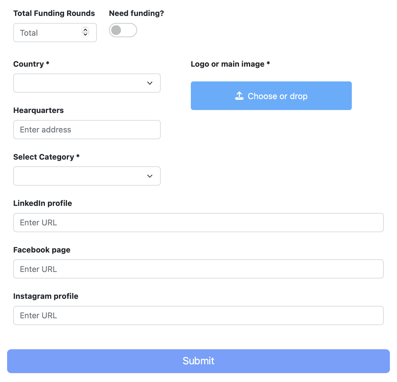 The second half of the form: Total Funding Rounds with Total and a Need funding? switch turned off, Country and Select Category as empty required dropdowns, a headquarters field with Enter address, a blue Choose or drop button under Logo or main image, also required, then LinkedIn profile, Facebook page and Instagram profile, each with Enter URL, above a wide Submit button