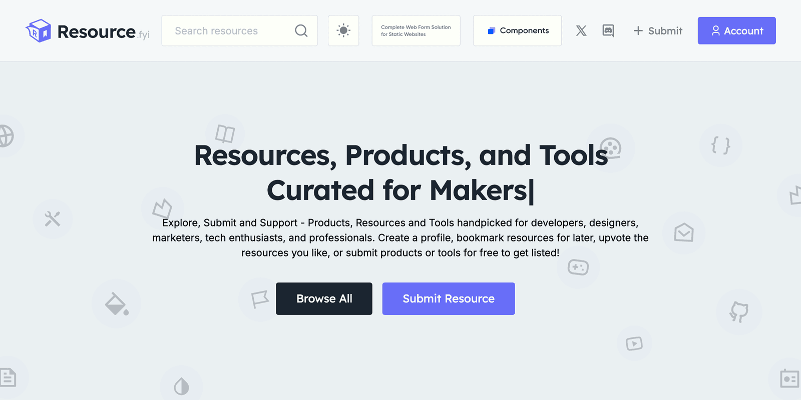 Resource.fyi's home page under a header with a search box and a Submit button: the heading “Resources, Products, and Tools Curated for Makers”, a paragraph ending “or submit products or tools for free to get listed!” and two buttons, Browse All and Submit Resource