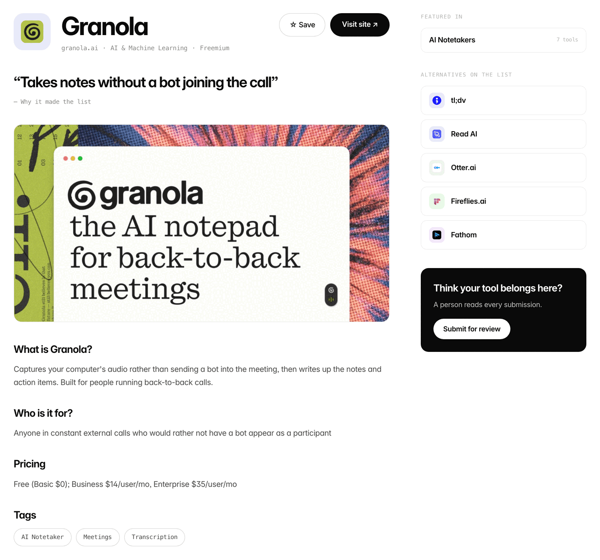 SaaS.fyi listing page for Granola: the logo, the name Granola with granola.ai · AI & Machine Learning · Freemium under it, Save and Visit site buttons, the tagline “Takes notes without a bot joining the call” as a quote captioned Why it made the list, a large preview image, then What is Granola?, Who is it for?, Pricing and Tags sections; beside them, a sidebar with Featured in AI Notetakers, five Alternatives on the list and a Submit for review box