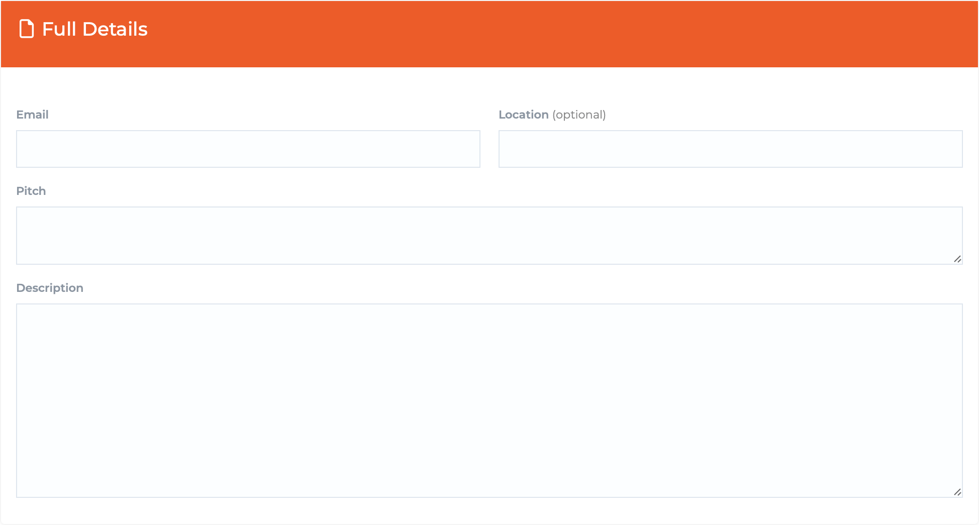 SaaS Radius Full Details card: Email and Location (optional) fields side by side, then a short Pitch box and a tall Description box