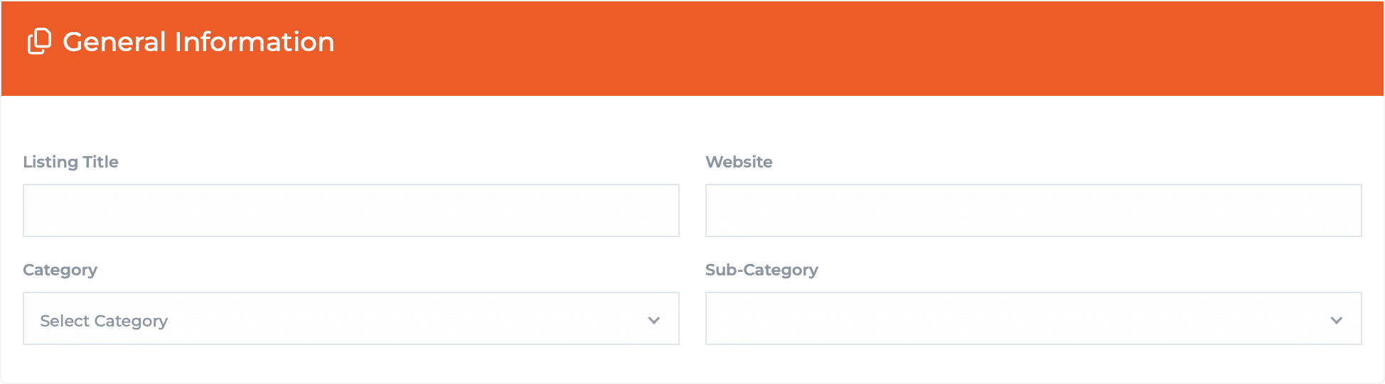 SaaS Radius add-listing form, General Information card: Listing Title and Website fields side by side, then a Category dropdown reading Select Category and an empty Sub-Category dropdown