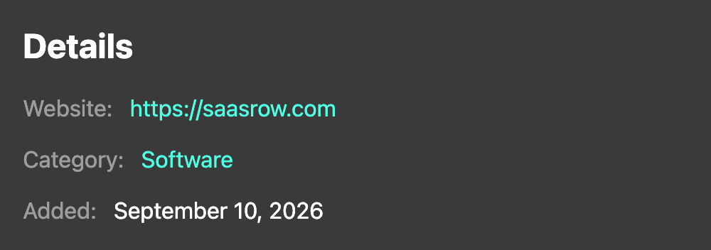 The Details panel of the same listing: Website: https://saasrow.com, Category: Software and Added: September 10, 2026.