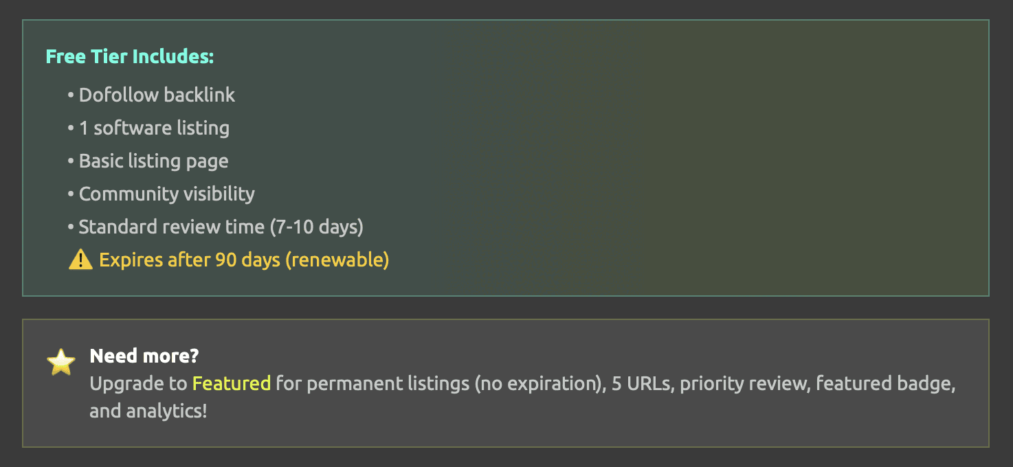 The box under SaaSRow's URL field, headed “Free Tier Includes:”, lists Dofollow backlink, 1 software listing, Basic listing page, Community visibility and Standard review time (7-10 days), with “Expires after 90 days (renewable)” in yellow. A second box, “Need more?”, describes Featured.