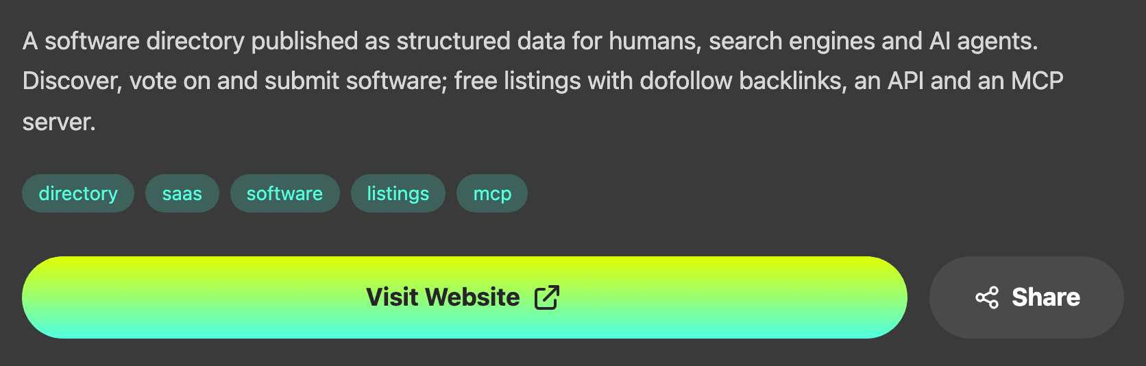 Part of SaaSRow's own listing on SaaSRow: its description, five tags (directory, saas, software, listings and mcp) and a wide Visit Website button beside a Share button.
