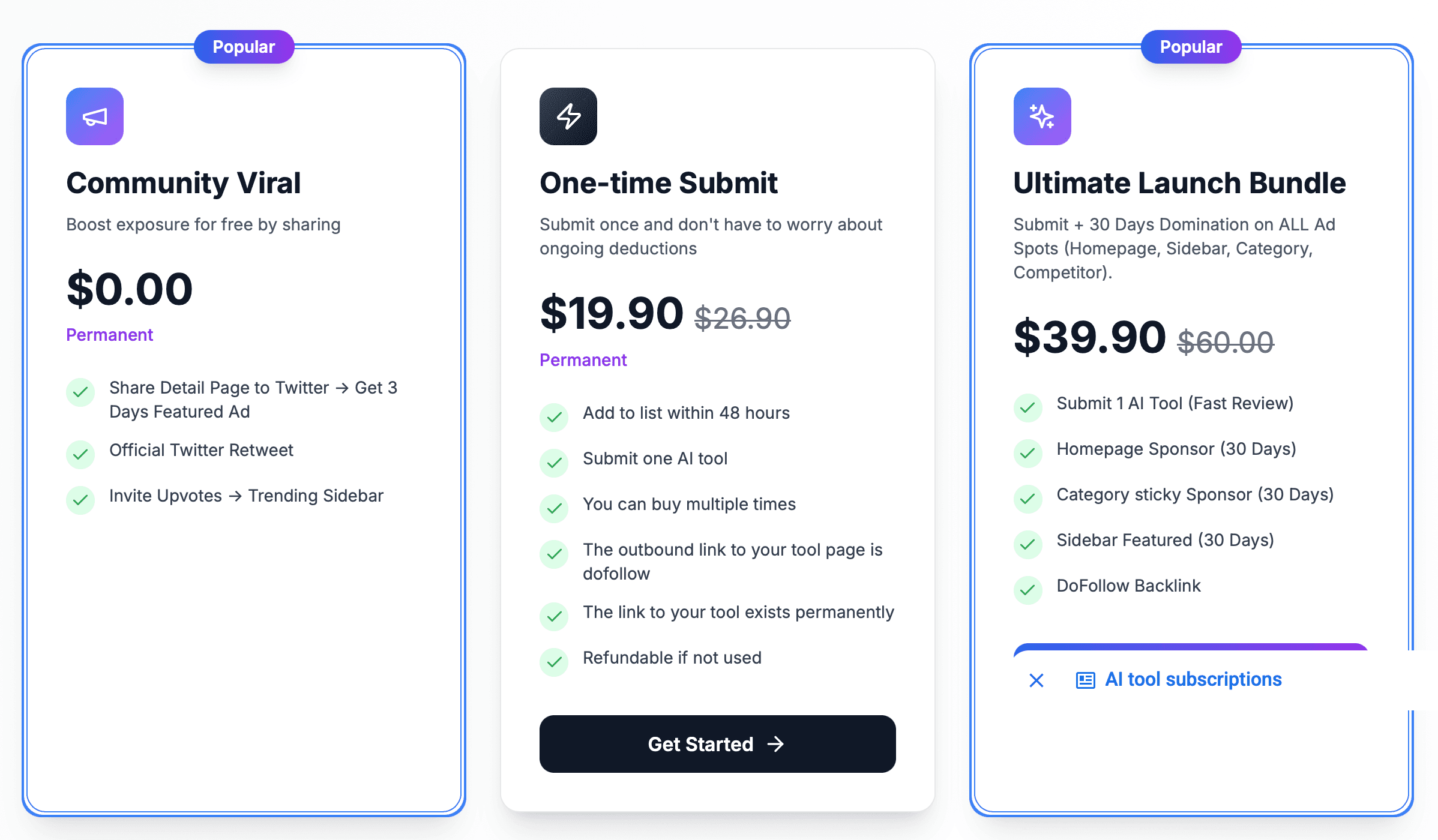 SeekTool's pricing cards: Community Viral at $0, One-time Submit at $19.90 struck from $26.90 with a dofollow bullet and a $39.90 Ultimate Launch Bundle struck from $60