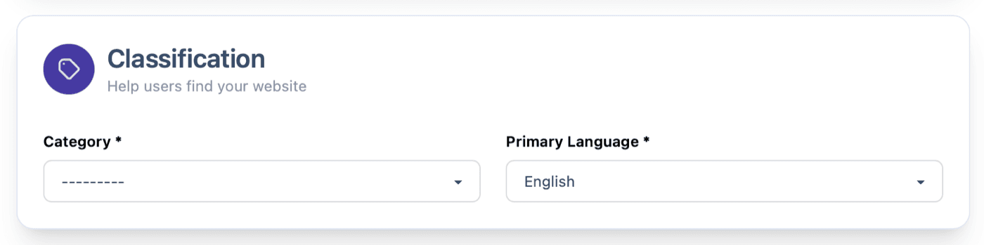 Show My Sites Add Website form, Classification section headed “Help users find your website”: a required Category dropdown showing a dashed placeholder and a required Primary Language dropdown set to English