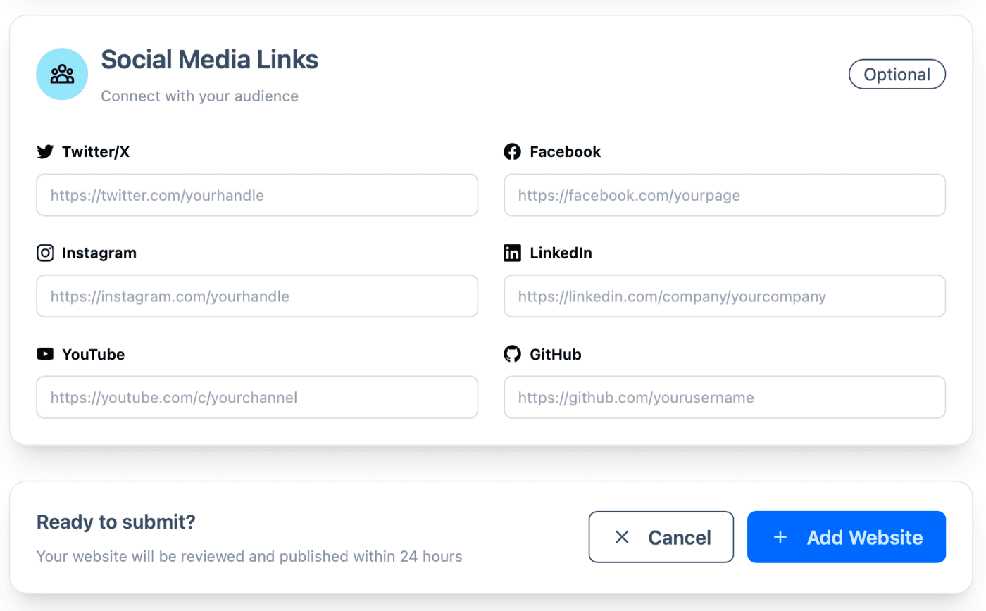 Show My Sites Add Website form, Social Media Links section marked Optional and headed “Connect with your audience”: fields for Twitter/X, Facebook, Instagram, LinkedIn, YouTube and GitHub with placeholder profile addresses, then a final card reading “Ready to submit?” and “Your website will be reviewed and published within 24 hours” beside a Cancel button and a blue Add Website button